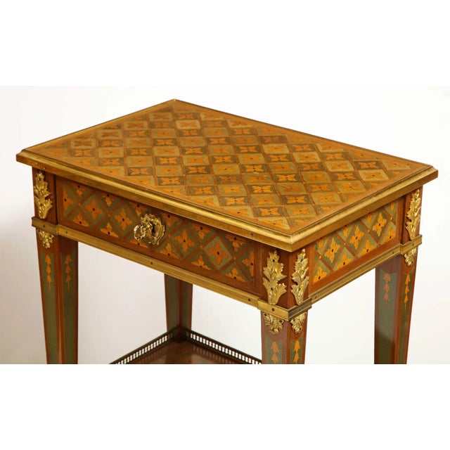Mid 20th Century Exceptional Pair of French Ormolu-Mounted Parquetry and Marquetry Side Tables For Sale - Image 5 of 17