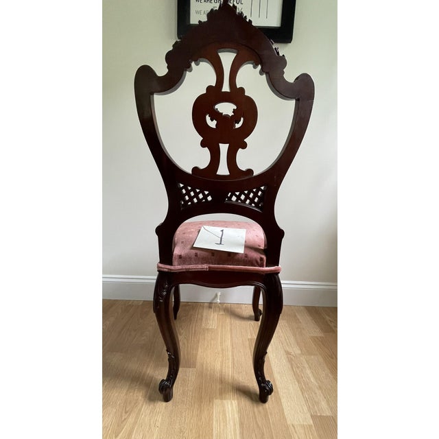 Late 19th Century Victorian Mahogany Parlor Chairs – Carved Elegance With Tapestry Charm (Pair) For Sale - Image 4 of 17