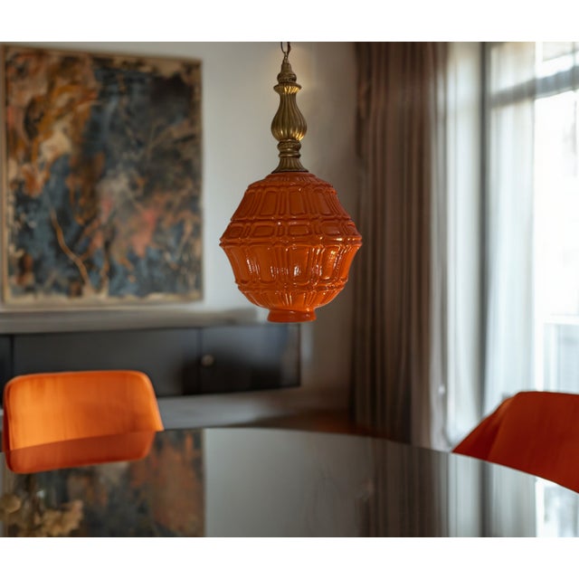Mid-Century Distressed Orange Pressed Glass Pendant Light For Sale - Image 9 of 18