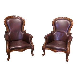 Victorian Leather Spoon-Back Easy Chairs, Set of 2 For Sale