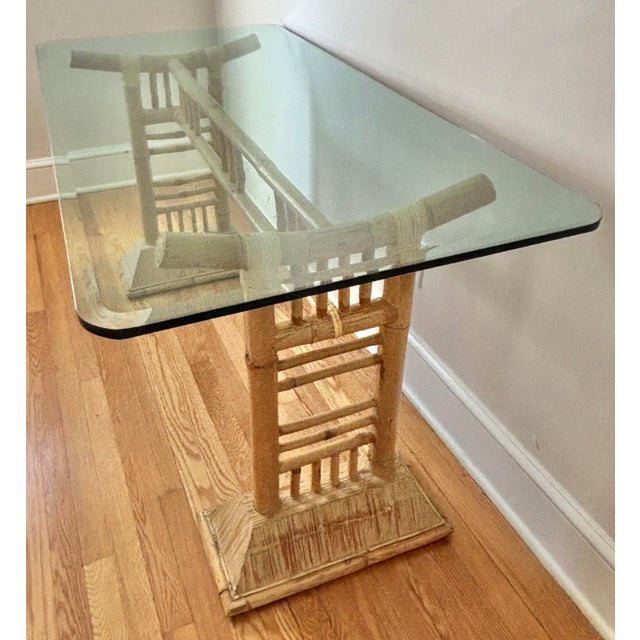 Ficks Reed 1980s Palm Beach Chic Bamboo Glass Top Chinoiserie Pagoda Form Desk For Sale - Image 4 of 10