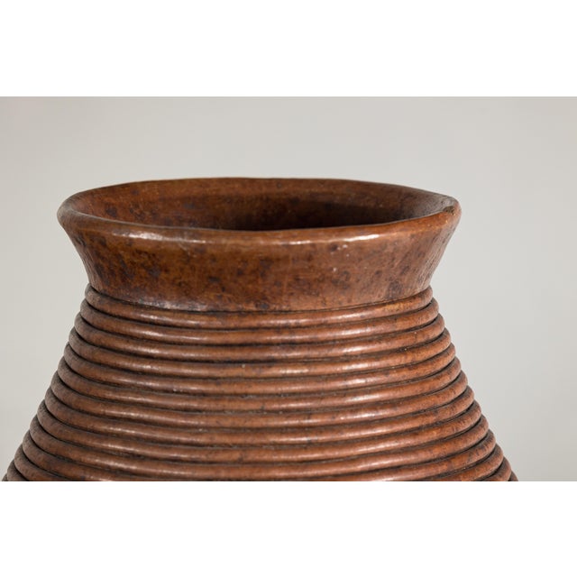 Brown Ribbed Vintage Pottery Vase With Burnished Surface For Sale - Image 8 of 18