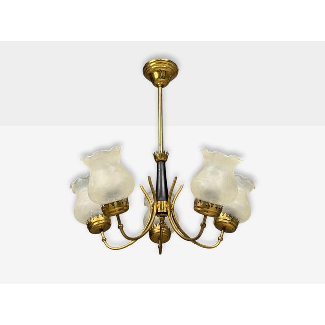 Swedish Mid-Century Modern, Pendant Light or Chandelier, Brass, Glass, Sweden, 1950s A five light chandelier or pendant...