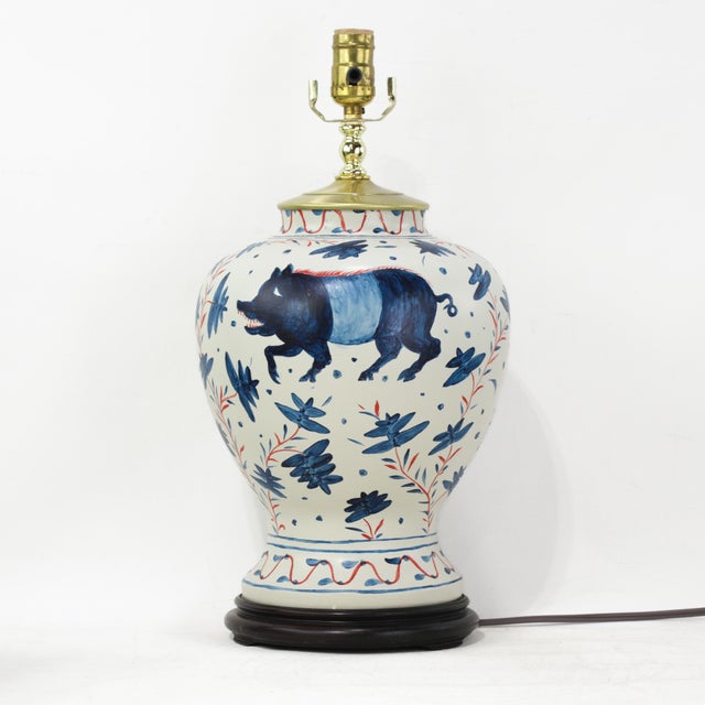 Pair of Vintage Brunschwig & Fils Cadiz Table Lamps - Blue and Cream Ceramic With Boar and Deer Motif For Sale - Image 14 of 15