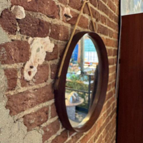 Vintage Round Mirror with Teak Frame For Sale - Image 3 of 6