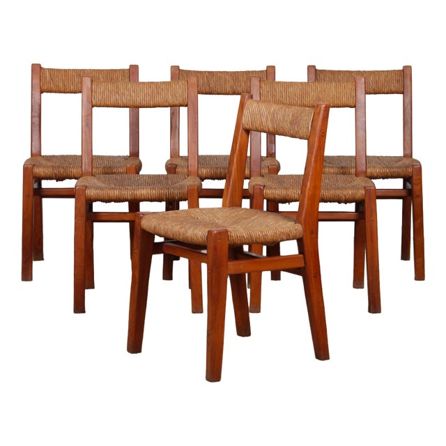 Vintage French Straw-Seated Chairs in Elm, 1950, Set of 6 For Sale