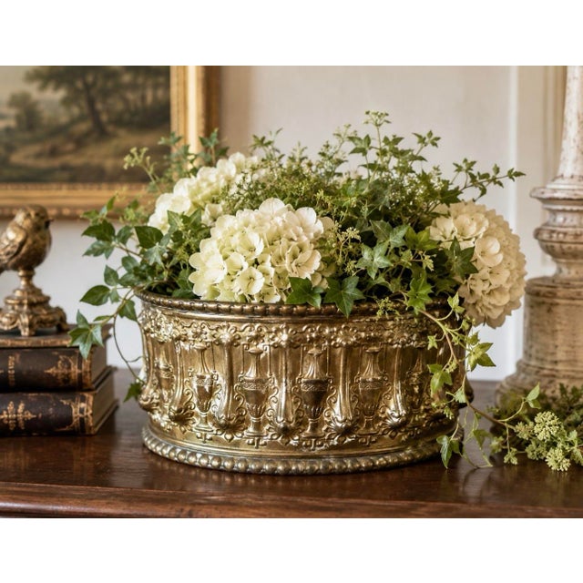 Antique French Revival Repoussé Brass Jardinière Cachepot, Embossed Classical Urn Motif Planter C 1890–1915 For Sale - Image 11 of 11