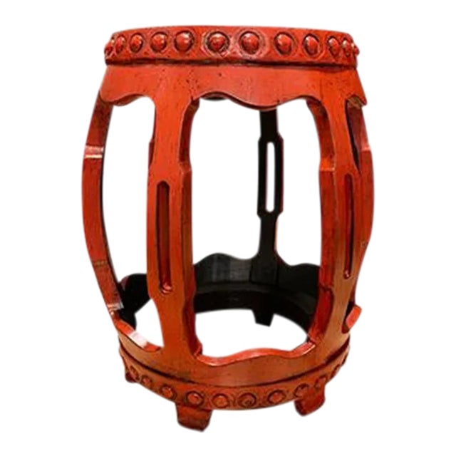 1980s Asian Distressed Red Drum Stool For Sale