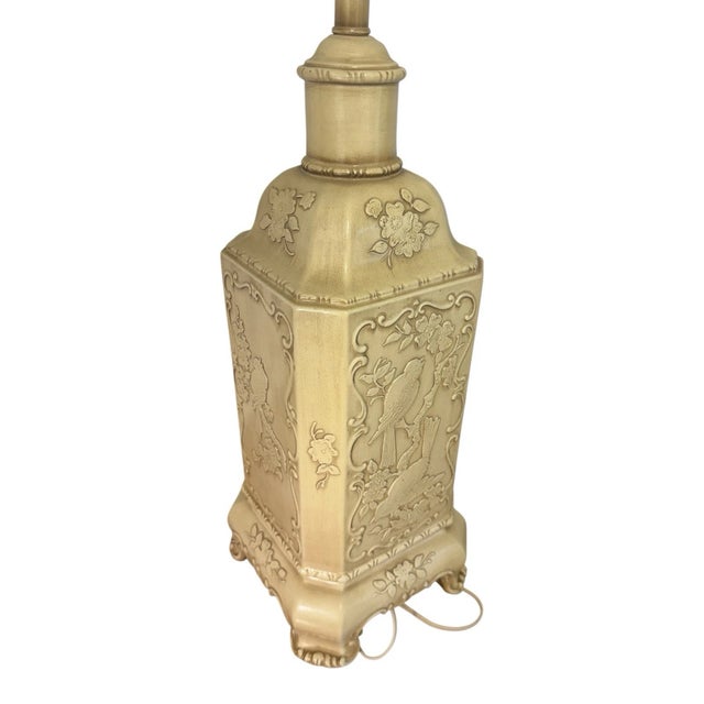 Cream Mid 20th Century Chinoiserie Plaster Table Lamp Raised Bird Floral Relief Cream For Sale - Image 8 of 17