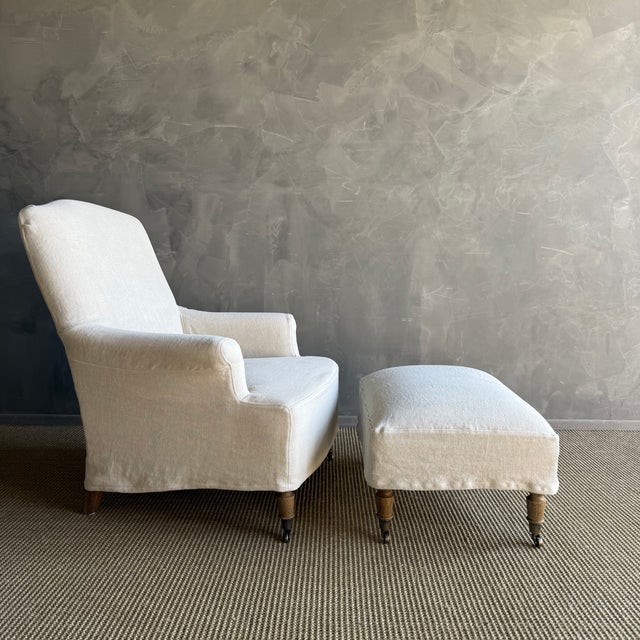 Traditional Alma Slip Covered Ottoman ~ Greige For Sale - Image 3 of 8