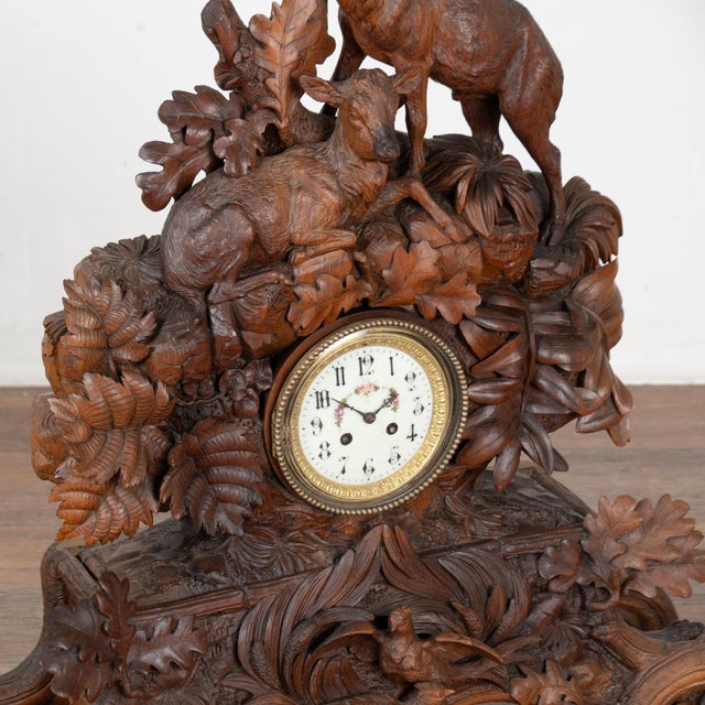 Wood 19th Century Hand Carved Black Forest Mantel Game Clock, Germany For Sale - Image 7 of 14