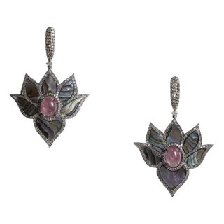 Pair of Abalone, Diamonds and Pink Tourmaline Dangle Drop Earrings For Sale