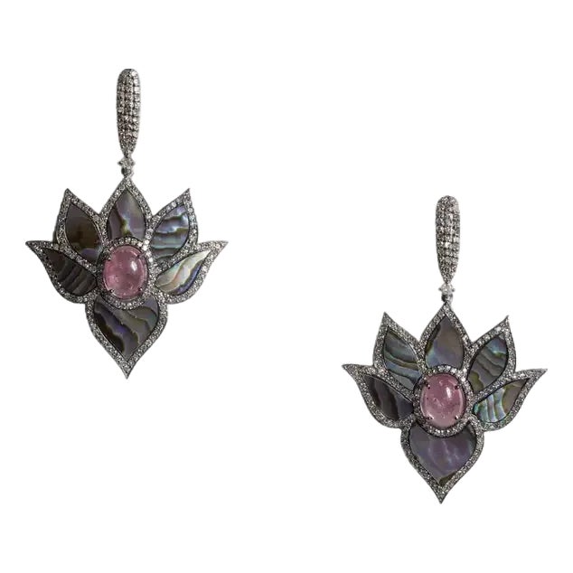 Pair of Abalone, Diamonds and Pink Tourmaline Dangle Drop Earrings For Sale