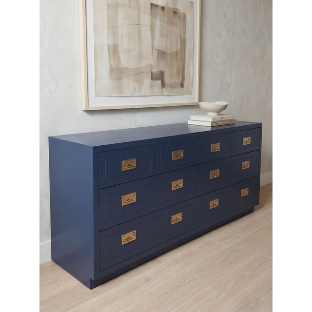Campaign Vintage Henredon Campaign Dresser Credenza in Navy With Brass Hardware For Sale - Image 3 of 9