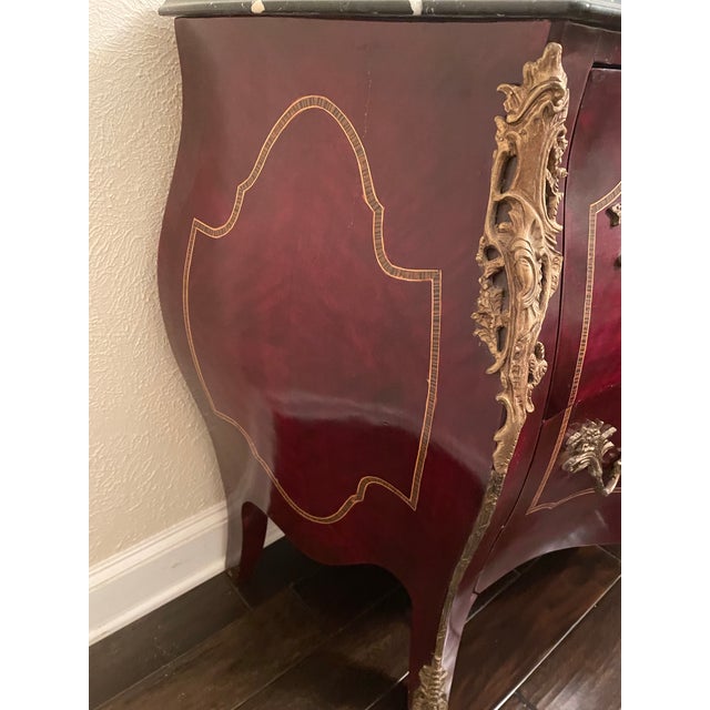 Wood Antique French Louis XV Style Bombe Chest With Marble Top For Sale - Image 7 of 11