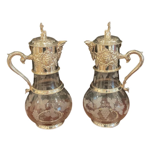English Sliver Plated and Engraved Glass Claret Jugs - a Pair For Sale