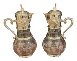 English Sliver Plated and Engraved Glass Claret Jugs - a Pair