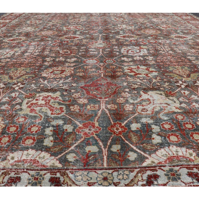 Antique Tabriz With All-Over Floral Sub-Geometric Design in Charcoal and Red 8'0 X 11'6 For Sale - Image 10 of 16