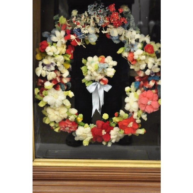 Victorian Victorian Mahogany Deep Shadow Box Frame Felt Cotton Mourning Wreath Wall Art For Sale - Image 3 of 11