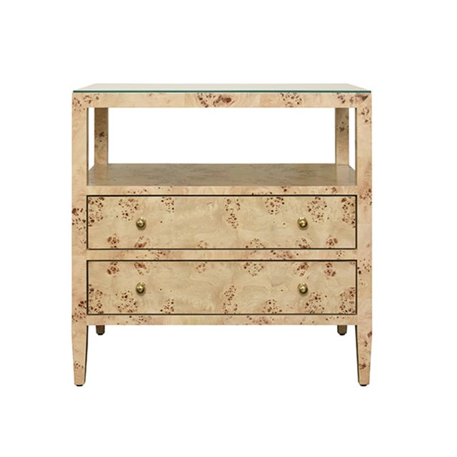 Matthew Izzo Home Douglas Burlwood Two Drawer Open Shelf End Table With Glass Top and Polished Brass Knobs For Sale - Image 9 of 9