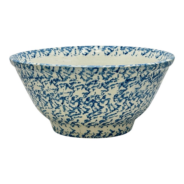 Best Large 13 Inch Antique American Blue Spongeware Decorated Stoneware Kitchen Mixing Bowl in Excellent Condition For Sale