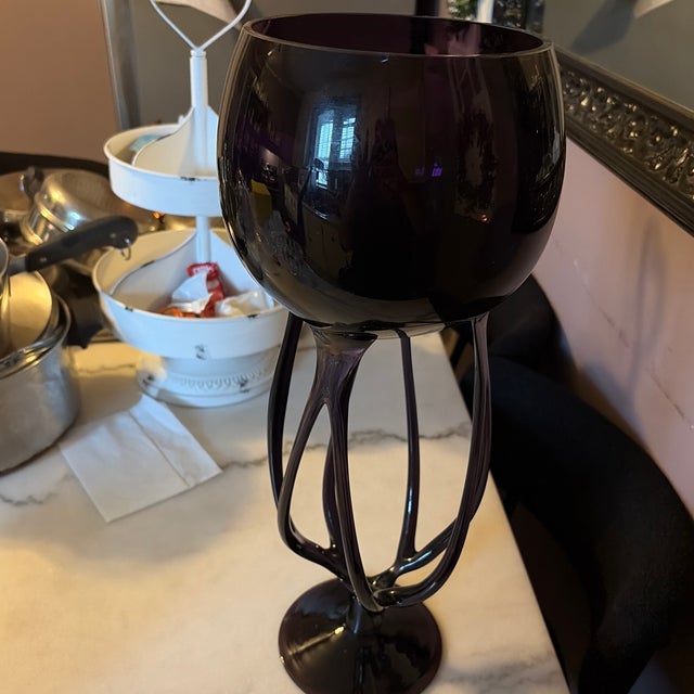 Large Jozefina Krosno Hand-Blown Art Glass “Jellyfish” / “Octopus” Pedestal Bowl – 18.25” Tall, Unique Sculptural Piece For Sale - Image 12 of 12