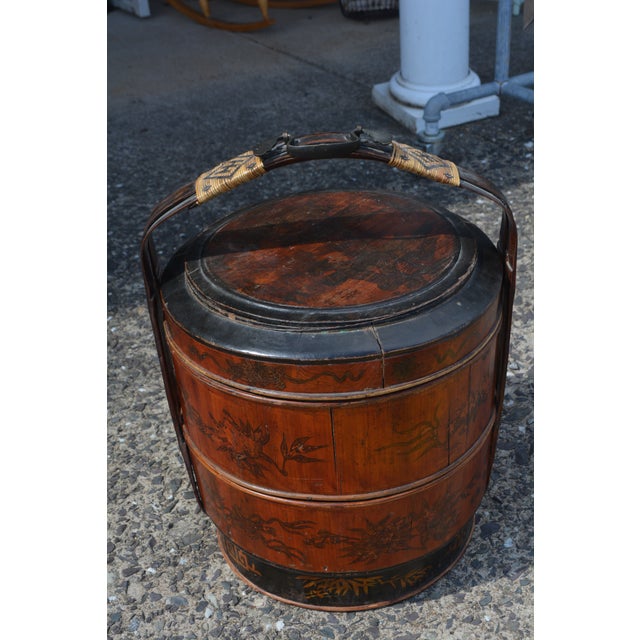 Vintage Asian Black & Brown Bamboo / Wood 3 Tier Wedding Basket With Painted Sides & Top Scene For Sale - Image 4 of 17
