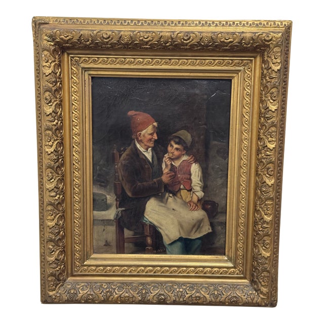 Antique Oil Painting of Grandfather With Son, Framed For Sale