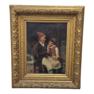 Antique Oil Painting of Grandfather With Son, Framed