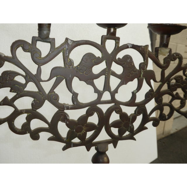 Vintage Rustic Bronze Seven Candle Menorah With Lions Motif For Sale - Image 11 of 13