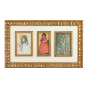 Circa 1960’s Triptych Featuring Mid Century Modern Prints of Women in a Carved Wood Frame