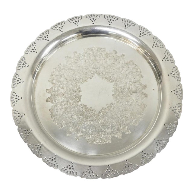 Vintage Victorian Style Round Silver Plated 15" Bar Serving Platter Tray For Sale