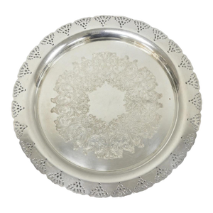 Vintage Victorian Style Round Silver Plated 15" Bar Serving Platter Tray