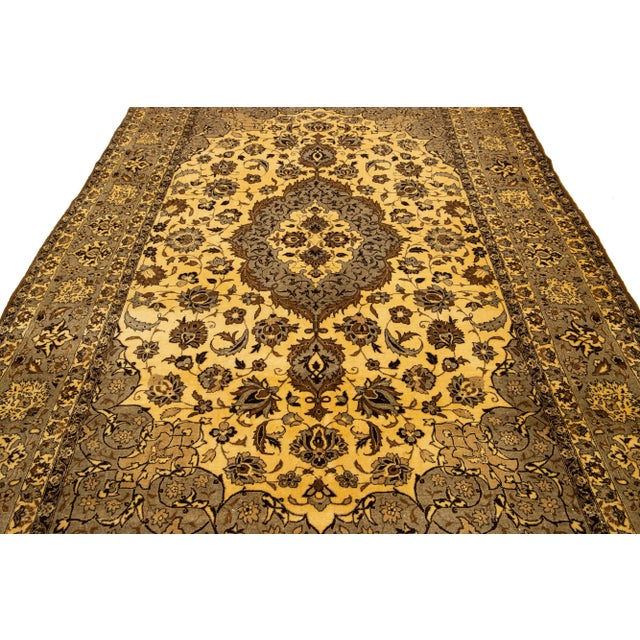 7 X 11 Vintage Handmade Tabriz Wool Rug in Yellow With Medallion Design For Sale - Image 4 of 10