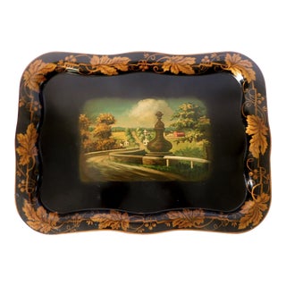 Vintage 1970s French Country Farmhouse Black & Gold Tole Metal Serving Tray Platter For Sale
