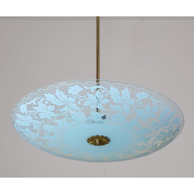 Glass Vintage Italian Floral Glass and Brass Pendant Chandelier, Mid-Century, 2 Lights For Sale - Image 7 of 15