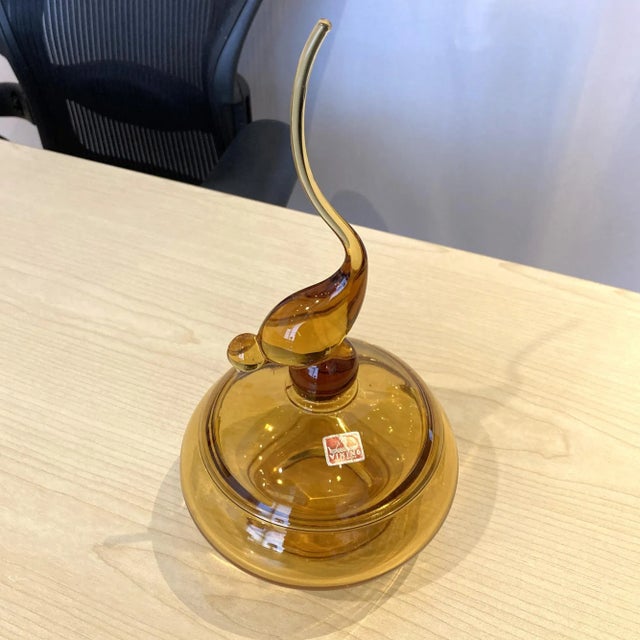 Mid-Century Modern Vintage 1960s Viking Tailed Bird Candy Jar in Amber For Sale - Image 3 of 6