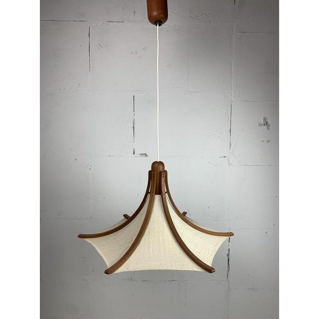 Teak and Linen Umbrella Pendant Hanging Lamp attributed to Domus, 1970s For Sale - Image 12 of 14
