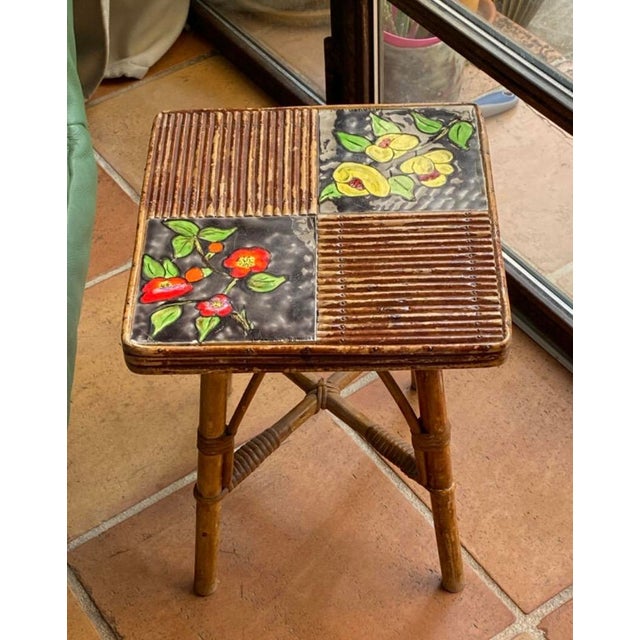 Coffee Table in Rattan and Ceramic attributed to Audoux and Minet attributed to Adrien Audoux & Frida Minet, 1950s For Sale - Image 15 of 15