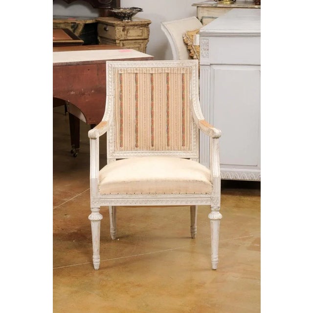 1900s Swedish Gustavian Style Painted Wood Armchairs with Carved Aprons - A Pair For Sale - Image 4 of 11