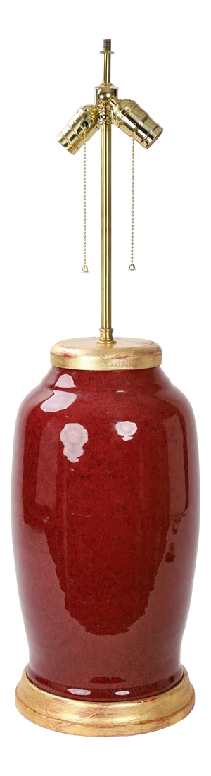 19th Century Chinese Qing Double Bulb Pull Switch Oxblood Glaze Lamp With Gold Leaf Top and Base