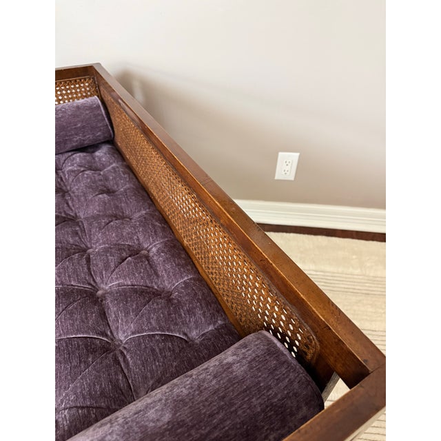 Mid-Century Modern 1950s Vintage Mid-Century Modern Tufted Cane Back Bench For Sale - Image 3 of 11