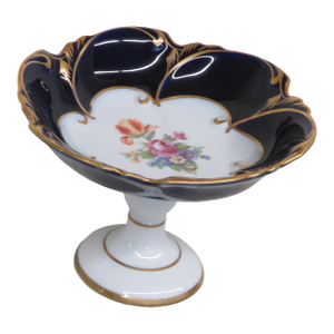 P M Porcelain Cobalt Blue Flower Design Pedestal Compote Dish Germany 4402b