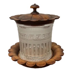 English Pressed Glass & Carved Oak Greek Key Motif Biscuit Barrel or Humidor