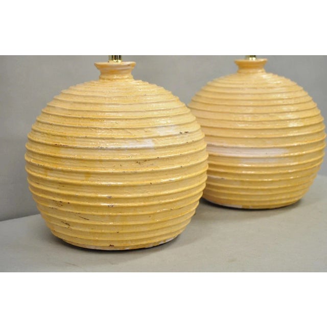 Vintage Mid Century Modern Lacquered Fiberglass Round Beehive Table Lamps - Pair For Sale - Image 4 of 12