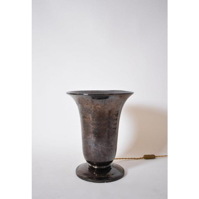 Vallauris Large Basin Lamp, 1940s. Vallauris, large illuminated tulip-shaped black glazed ceramic basin lamp. France,...