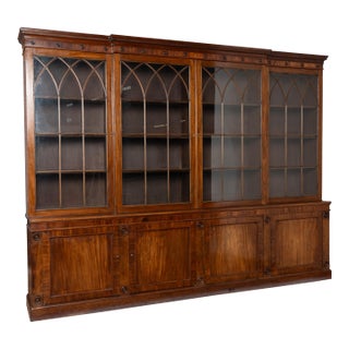 Early 20th Century Large English Mahogany Bookcase With Glass Doors For Sale