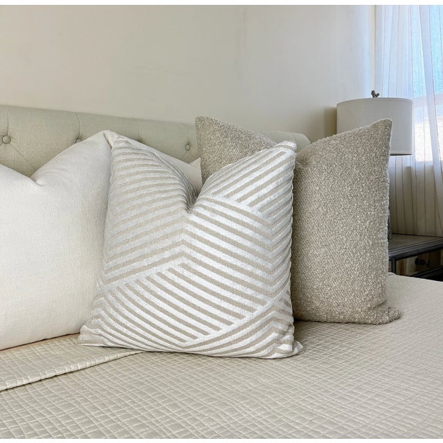 Contemporary Cream Beige Alternative Stripe Velvet Throw Pillow With Feather Down Insert For Sale - Image 3 of 5