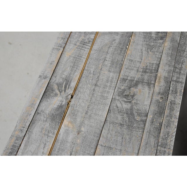 Gray Late 20th Century Primitive Rustic 72" Long Wooden Distressed Gray Wash Criss Cross Trestle Bench For Sale - Image 8 of 12