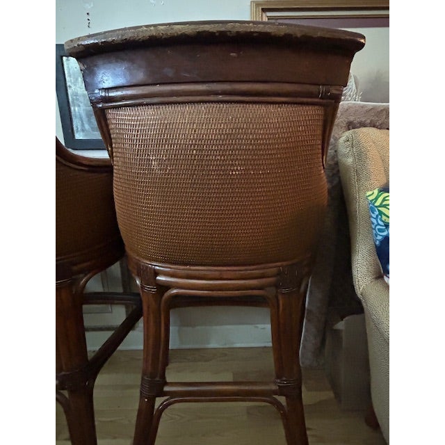Ethan Allen Leather-Cushioned Woven Rattan Bar Stools For Sale - Image 14 of 14